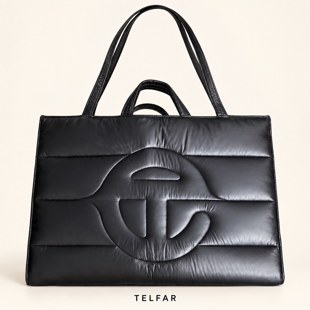 Telfar Large Puff Shopping Bag Black Quilted Padded Tote Logo